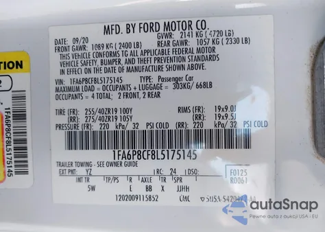 2020 Ford Mustang Gt Premium Fastback из США, поврежденный, VIN 1FA6P8CF8L5175145